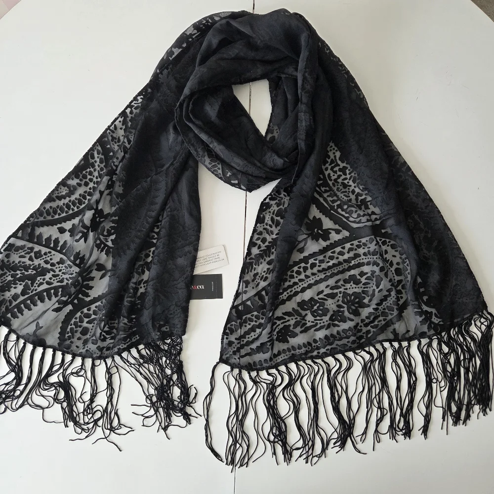 NWT Style & Co Burnout Chiffon Sheer Paisley Floral Fringed Black Scarf 20×73 In